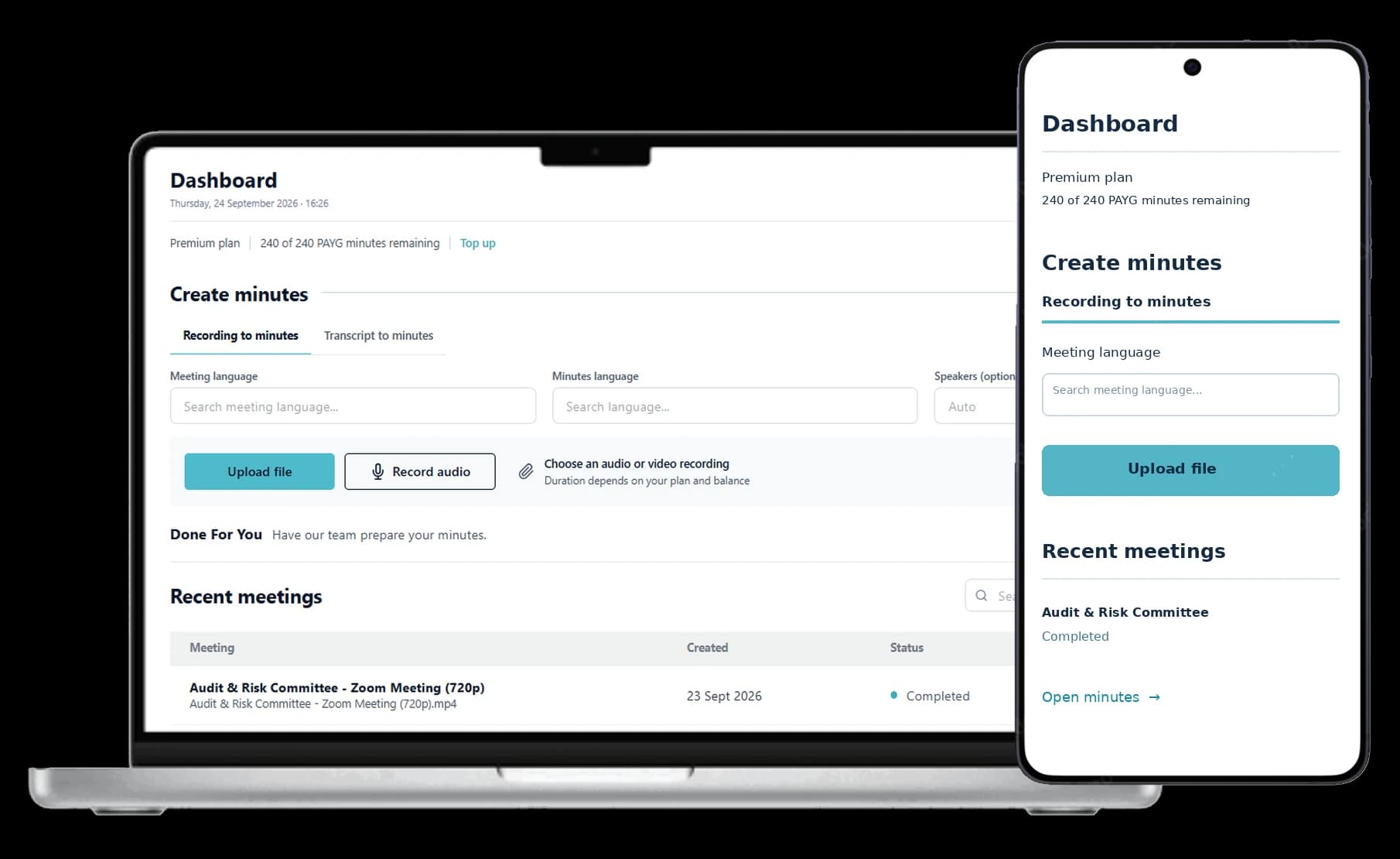 GovClerk Minutes dashboard shown on a laptop and phone, with meeting upload controls and recent meetings